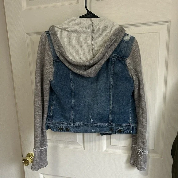 Free People Blue Denim Vest with Gray Knit Hood & Sleeves - Picture 3 of 4